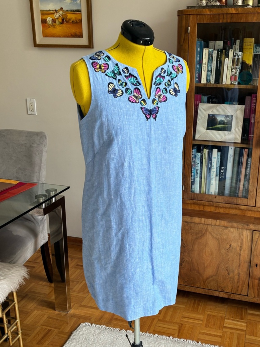 Talbots Light Blue Linen-Cotton Mini Dress with Butterfly Embroidery